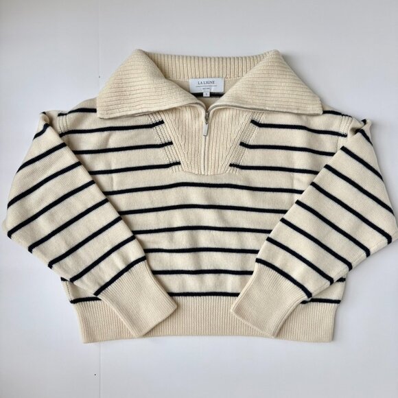 La Ligne Bastien Merino Wool Striped Quarter Zip Sweater Small - Picture 2 of 5